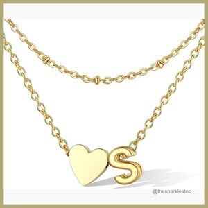 Gold Plated Stainless Steel Initial Heart Pendant Necklace Adjustable Layered